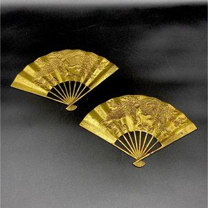2 Vintage Solid Brass Oriental Style Hand Fan Phoenix Dragon Wall Decor 7”x11”